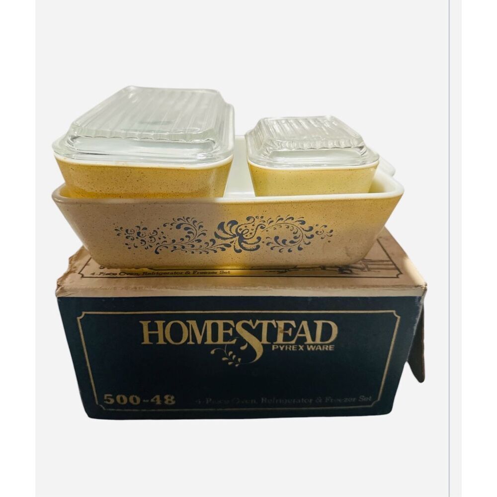 1960 Pyrex “HOMESTEAD" 500- 48 Refrigerator Dish Set 5 Ribbed Lids Box Including - Picture 2 of 9
